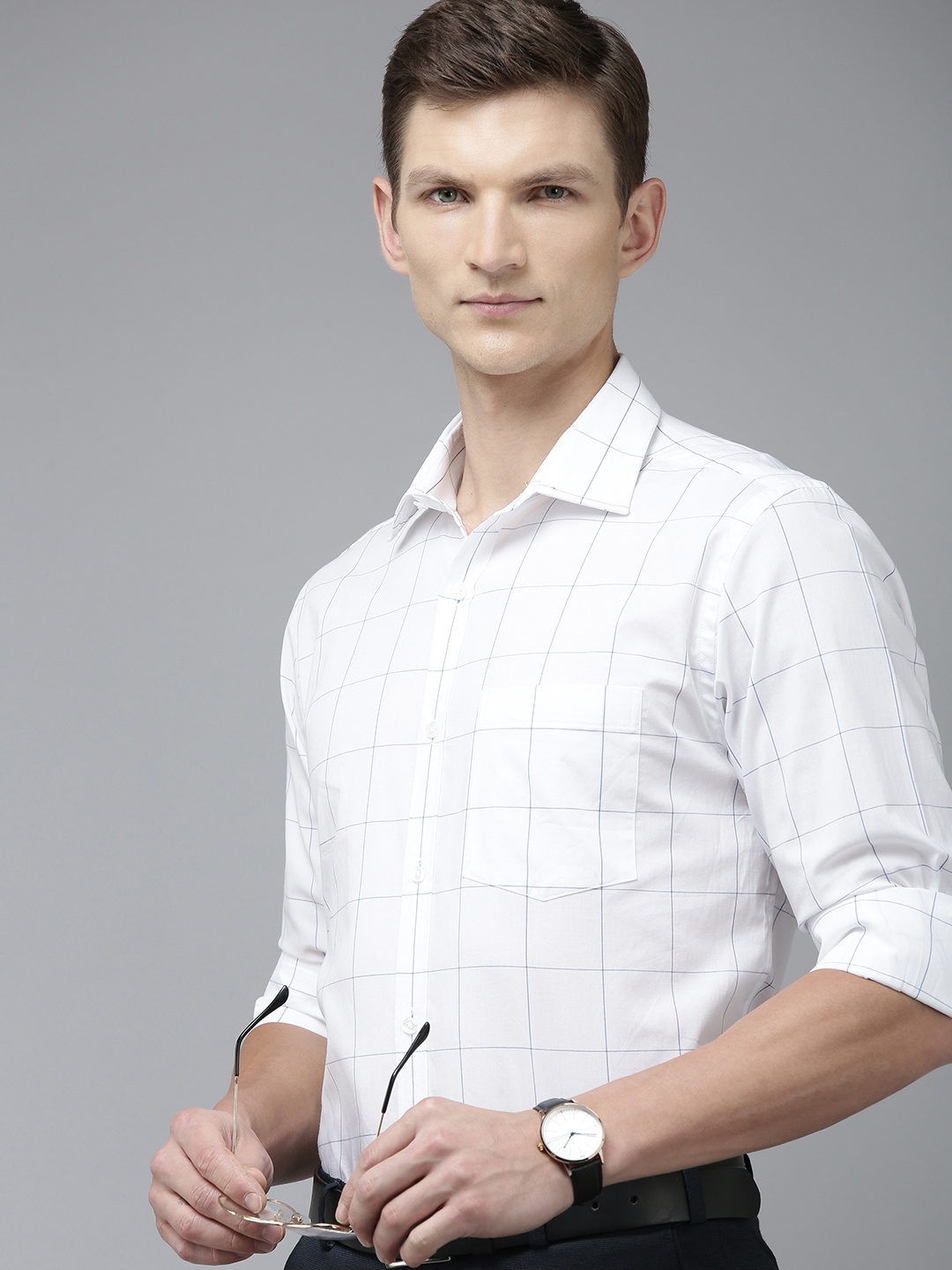 

Park Avenue Slim Fit Windowpane Checked Pure Cotton Formal Shirt, White