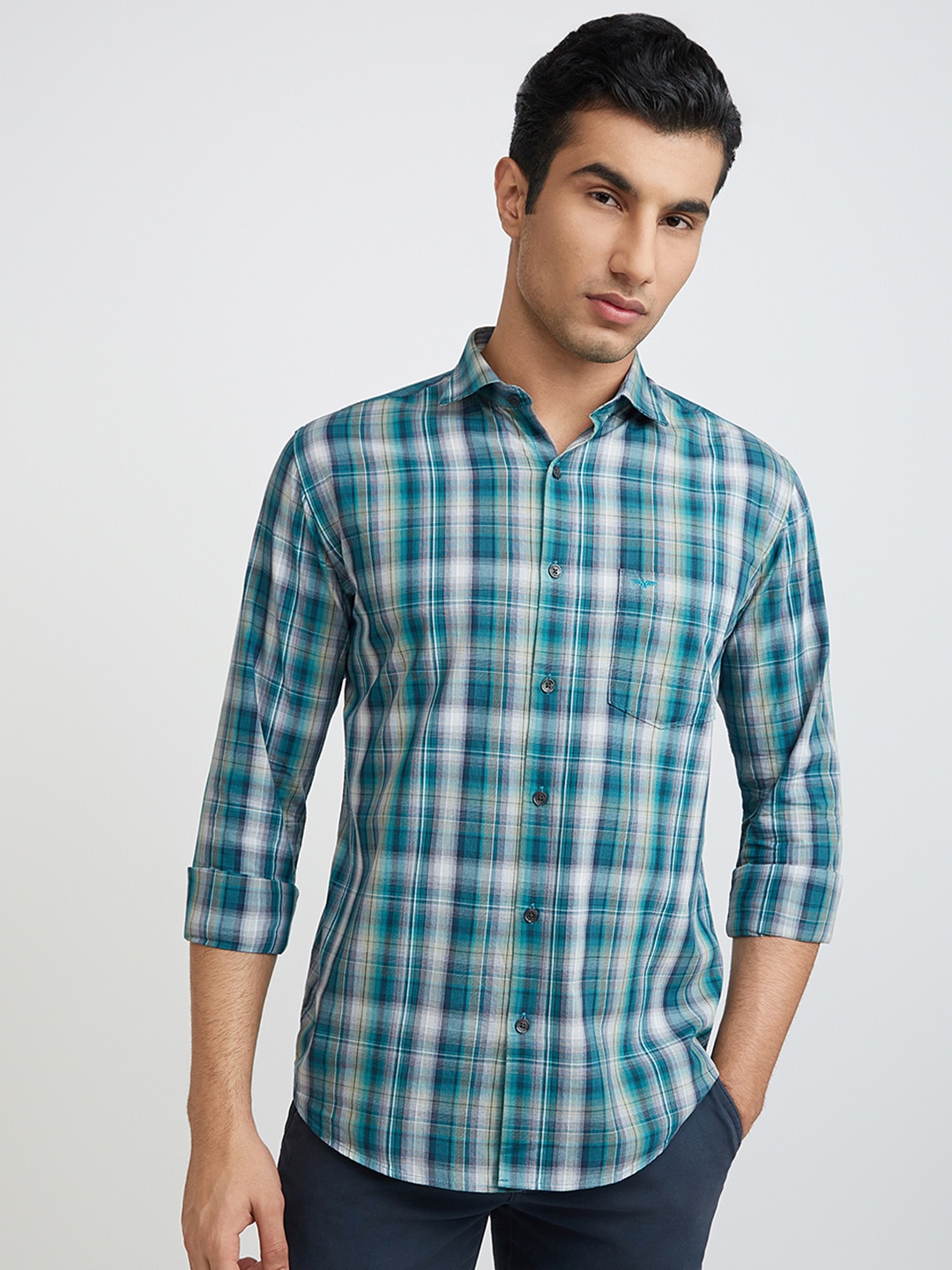 

Park Avenue Men Tartan Checked Slim Fit Pure Cotton Formal Shirt, Green
