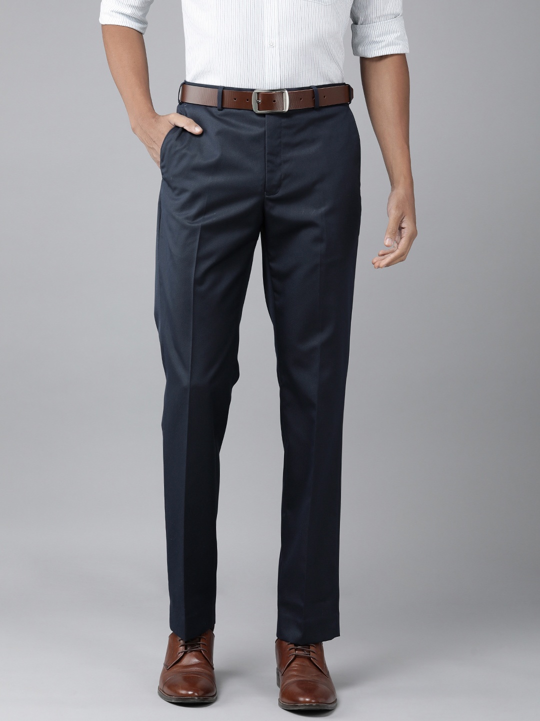 

Park Avenue Men Solid Slim Fit Flat Front Formal Trousers, Navy blue