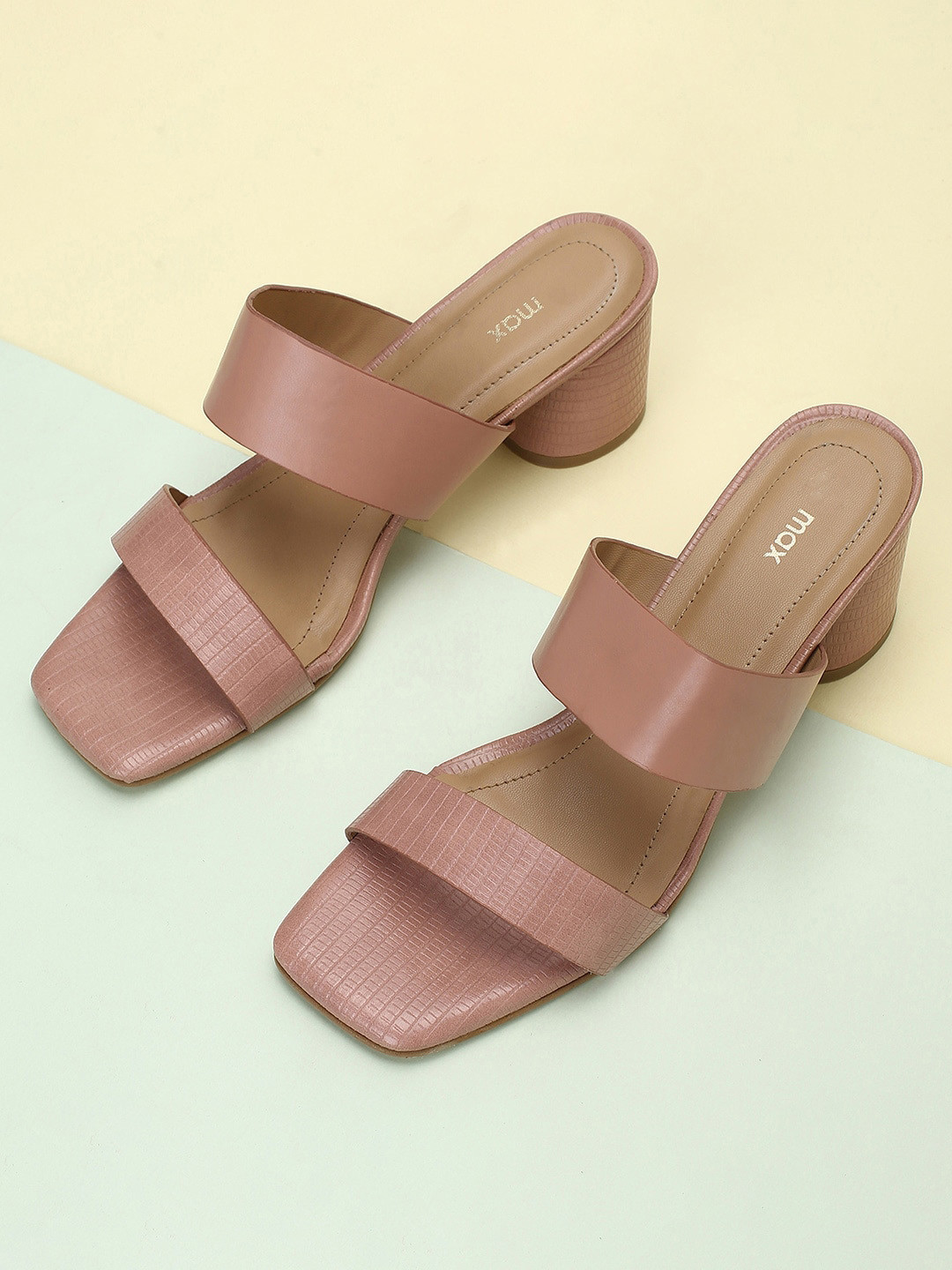 

max Textured Double Strap Block Heels, Pink