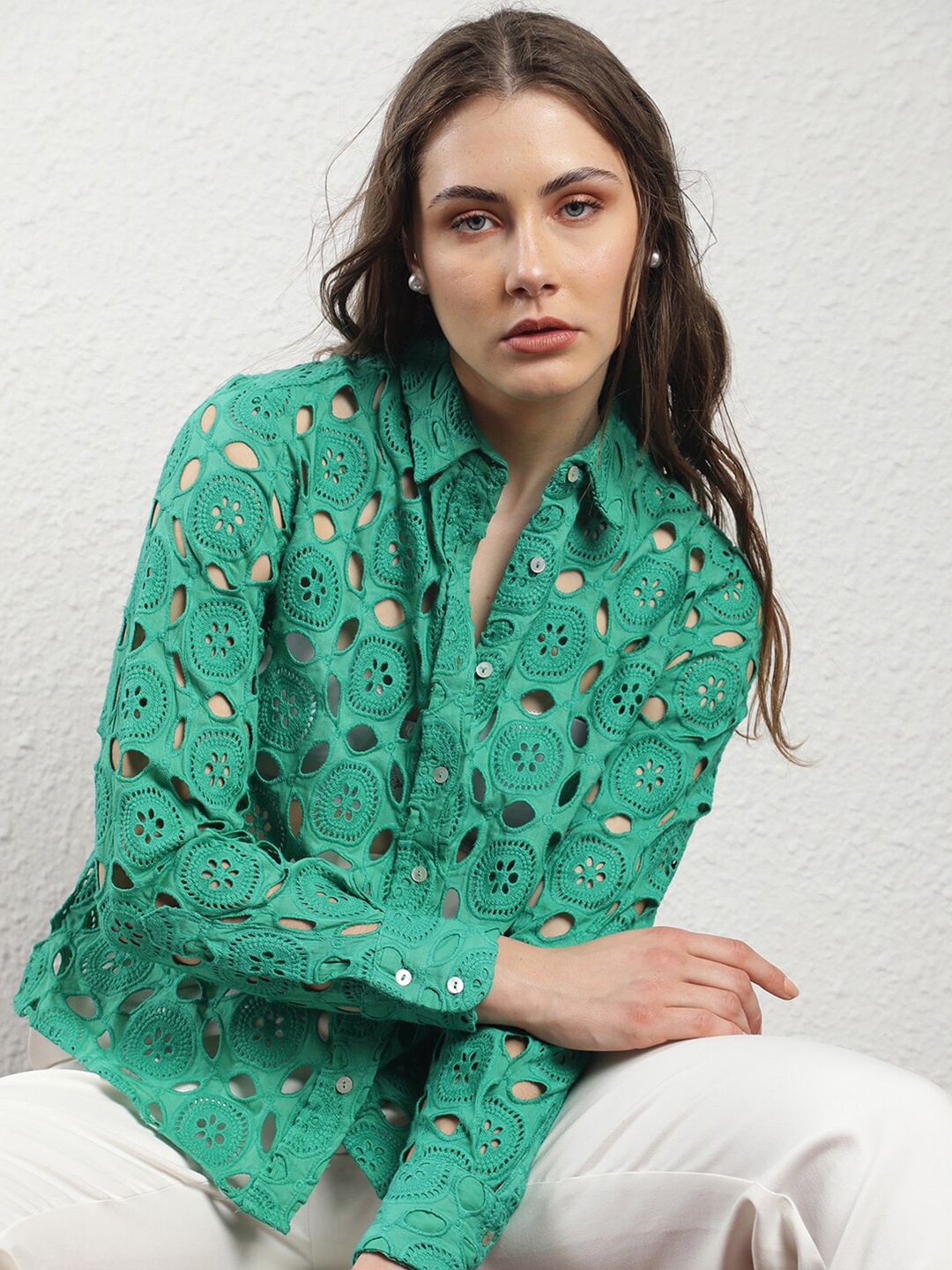 

RAREISM Floral Printed Shirt Style Long Cuffed Sleeves Shirt Collar Cotton Top, Green