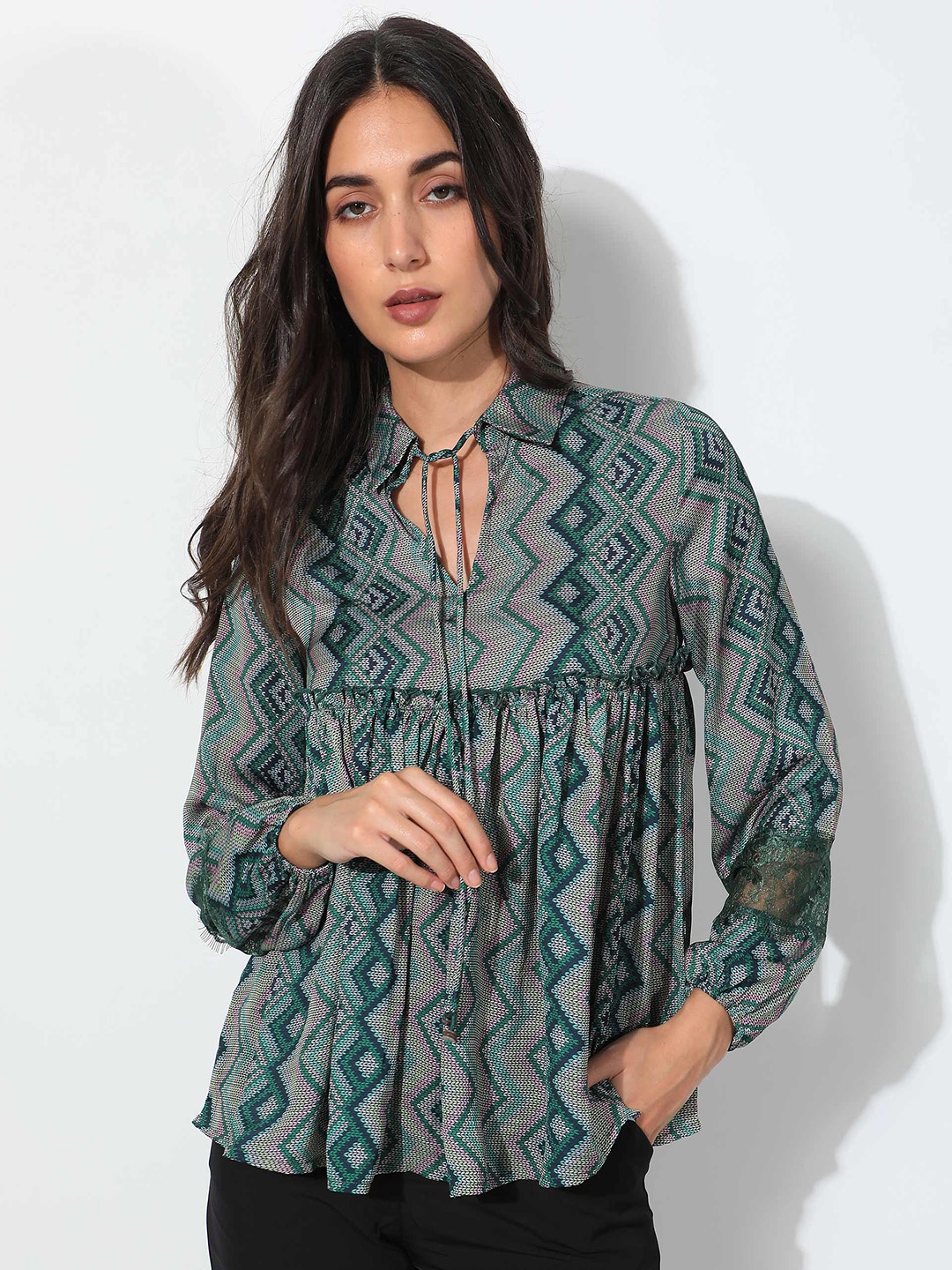 

RAREISM Ethnic Motifs Printed Shirt Collar Puff Sleeves Top, Olive