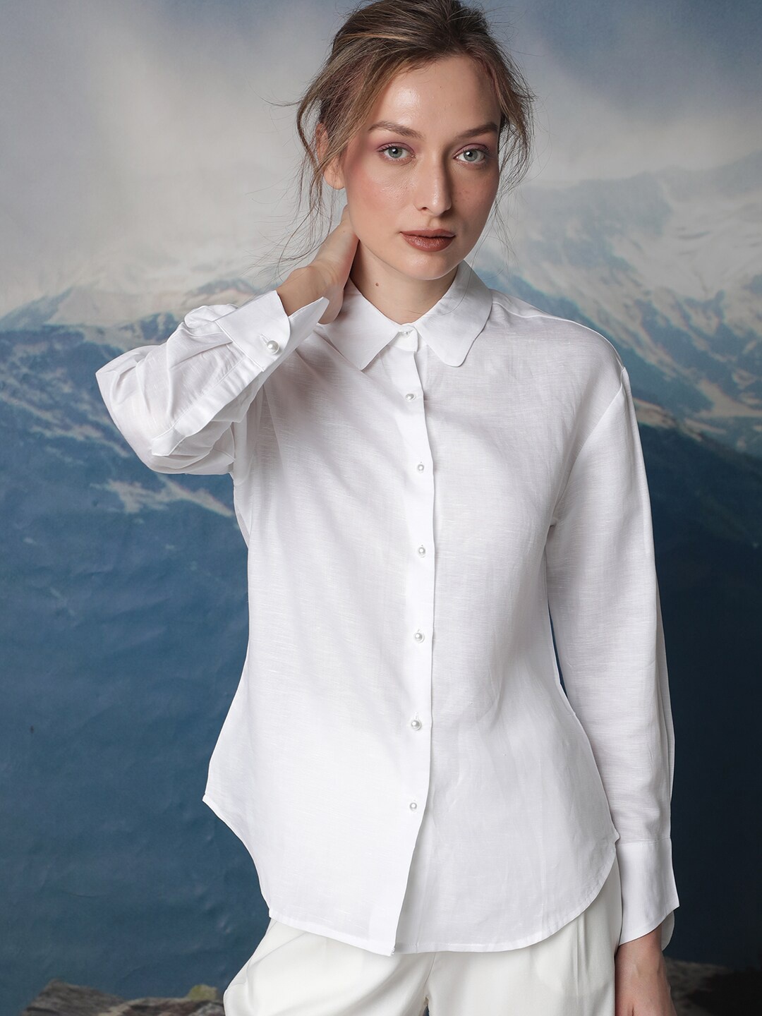 

RAREISM Shirt Style Long Cuffed Sleeves Shirt Collar Cotton Regular Top, White