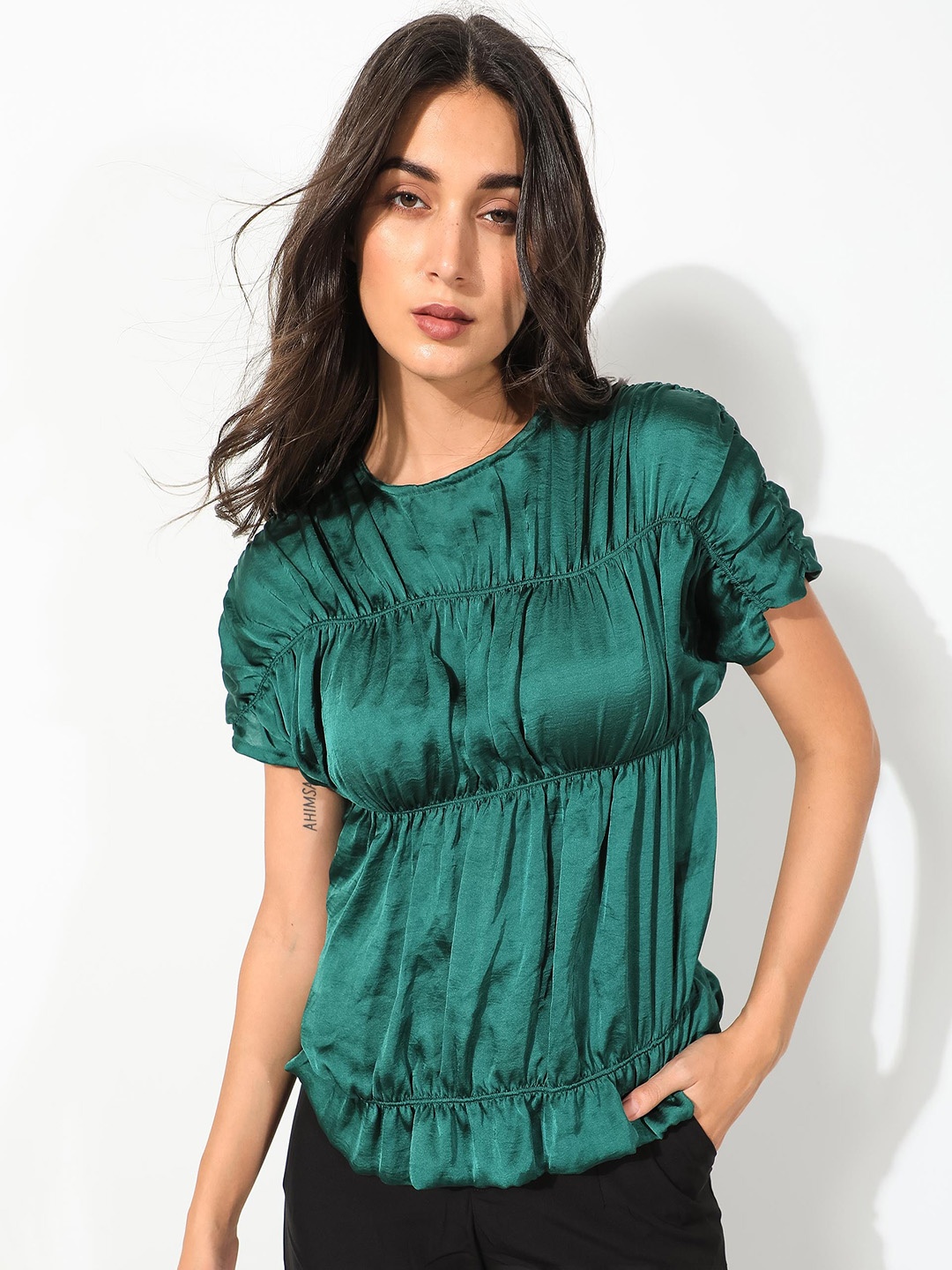 

RAREISM Round Neck Extended Sleeves Top, Olive