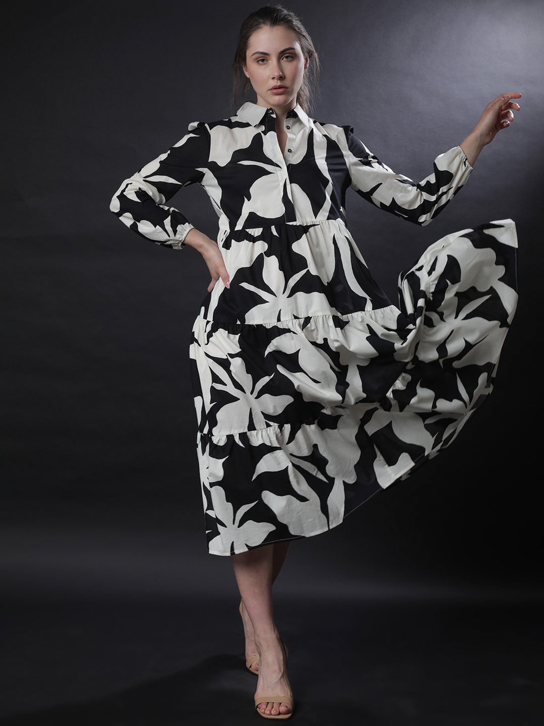 

RAREISM Floral Printed Cuffed Sleeve Shirt Midi Dress, Black
