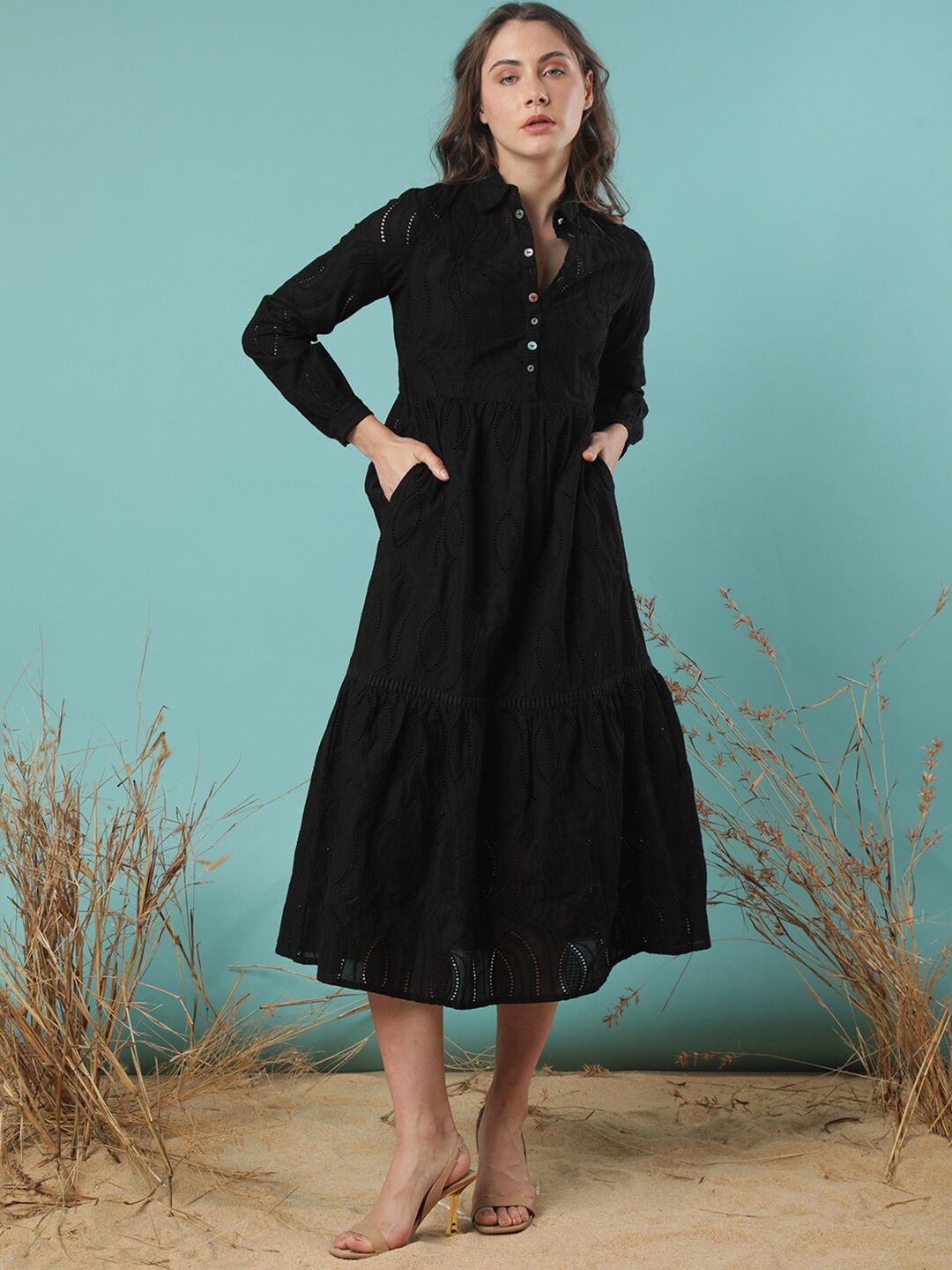 

RAREISM Mandarin Collar Fit & Flare Midi Dress, Black