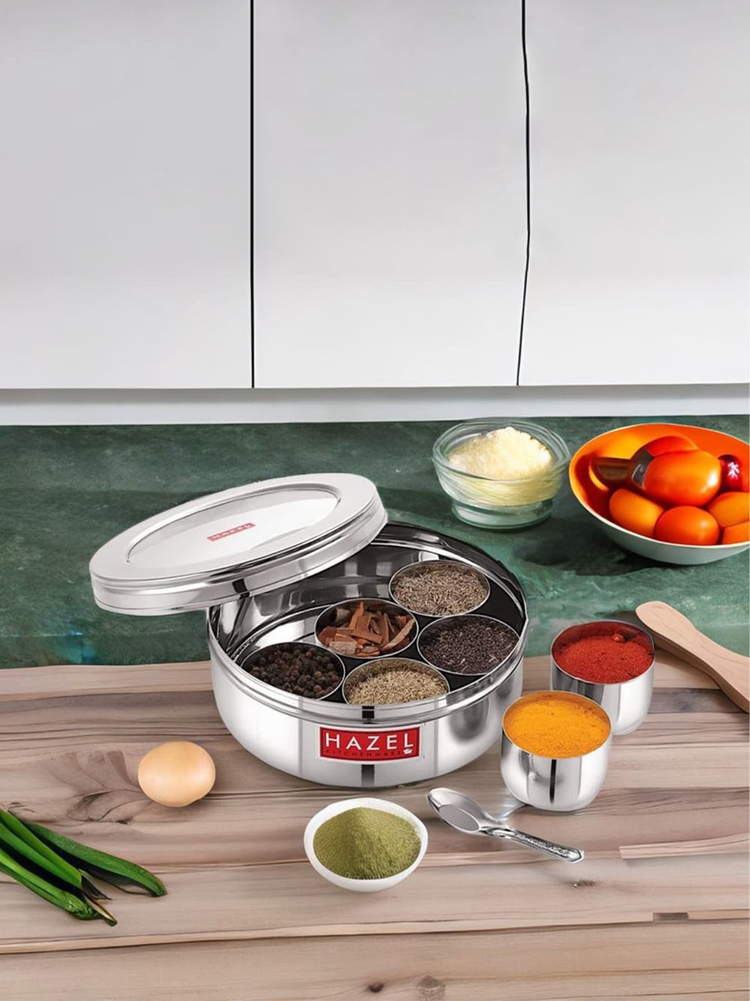 

HAZEL Stainless Steel Dishwasher Safe Masala Box With 7 Container & Spoon