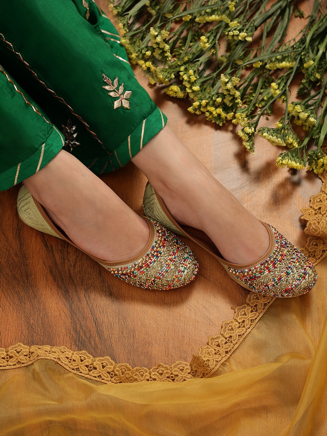 

Kiana Women Embellished Leather Mojaris, Sea green