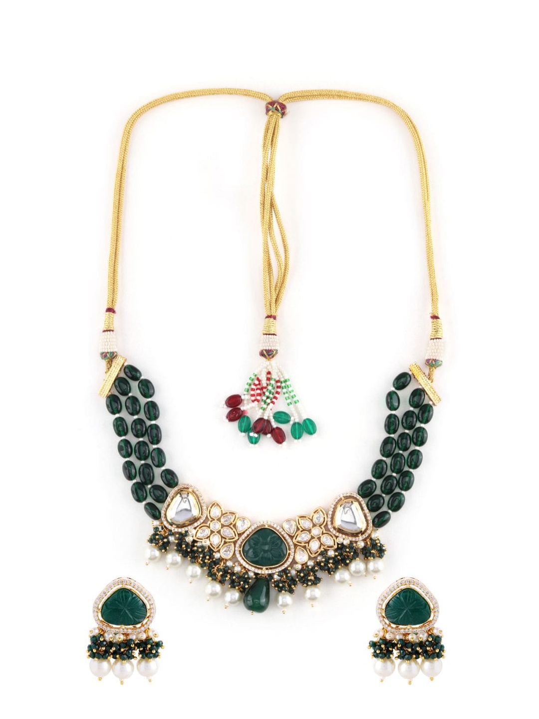 AccessHer Gold-Plated Kundan-Studded & Beaded Necklace & Earrings Set