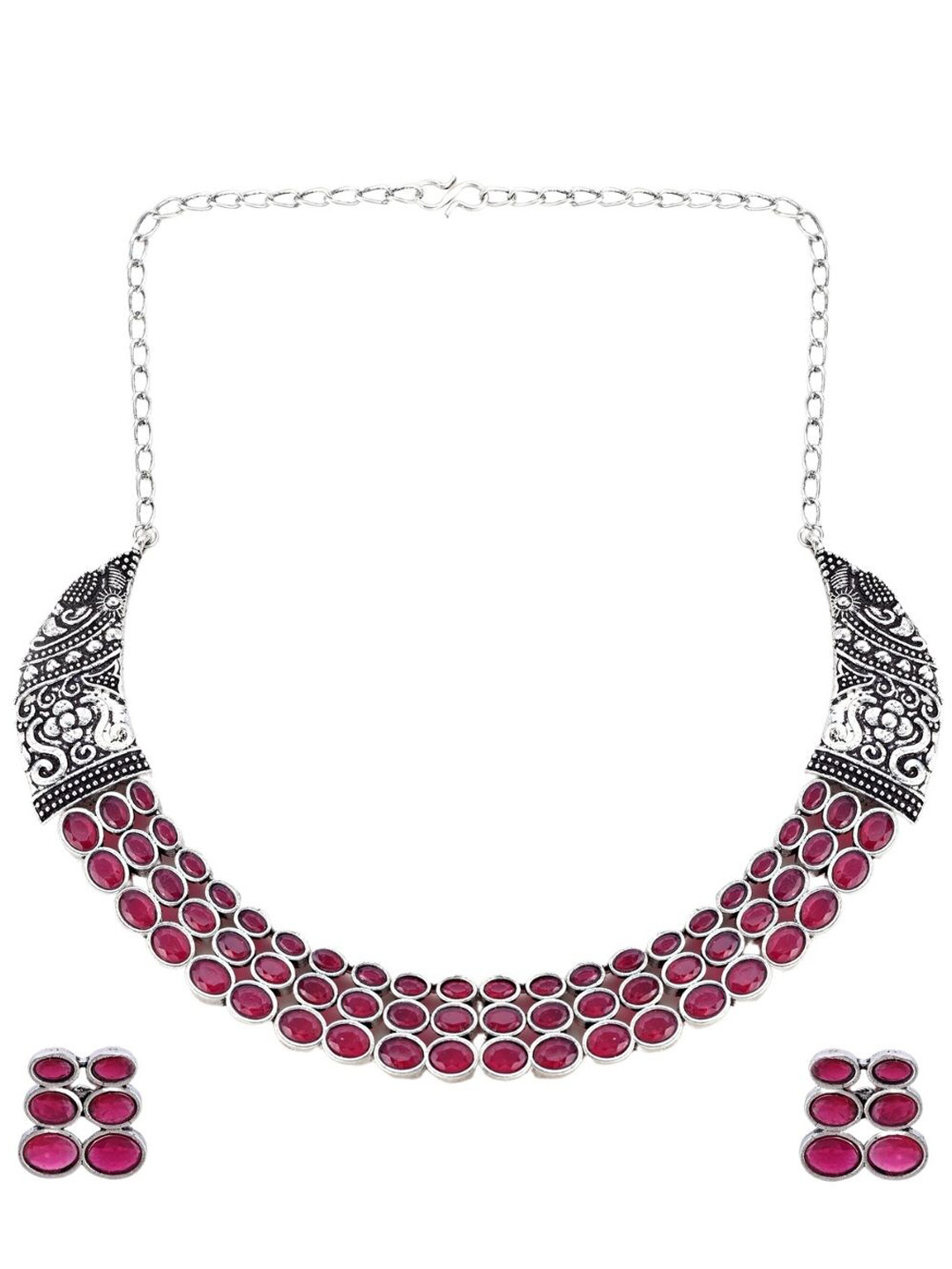 

AccessHer Silver-Plated Stone-Studded Oxidized Necklace & Earrings Set, Pink