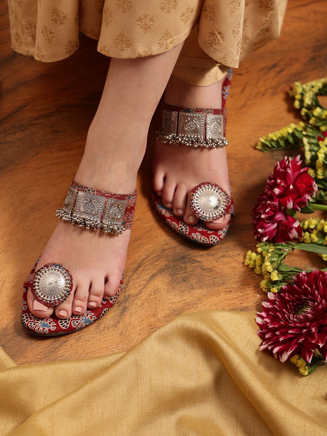 

Kiana Printed Embellished One Toe Block Heels, Maroon