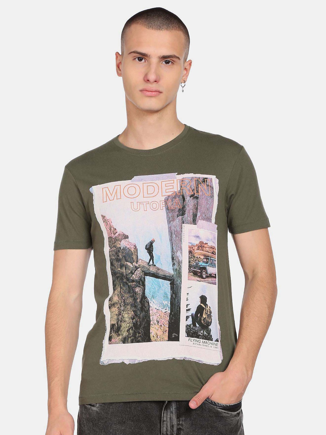 

Flying Machine Graphic Printed Pure Cotton T-Shirt, Olive