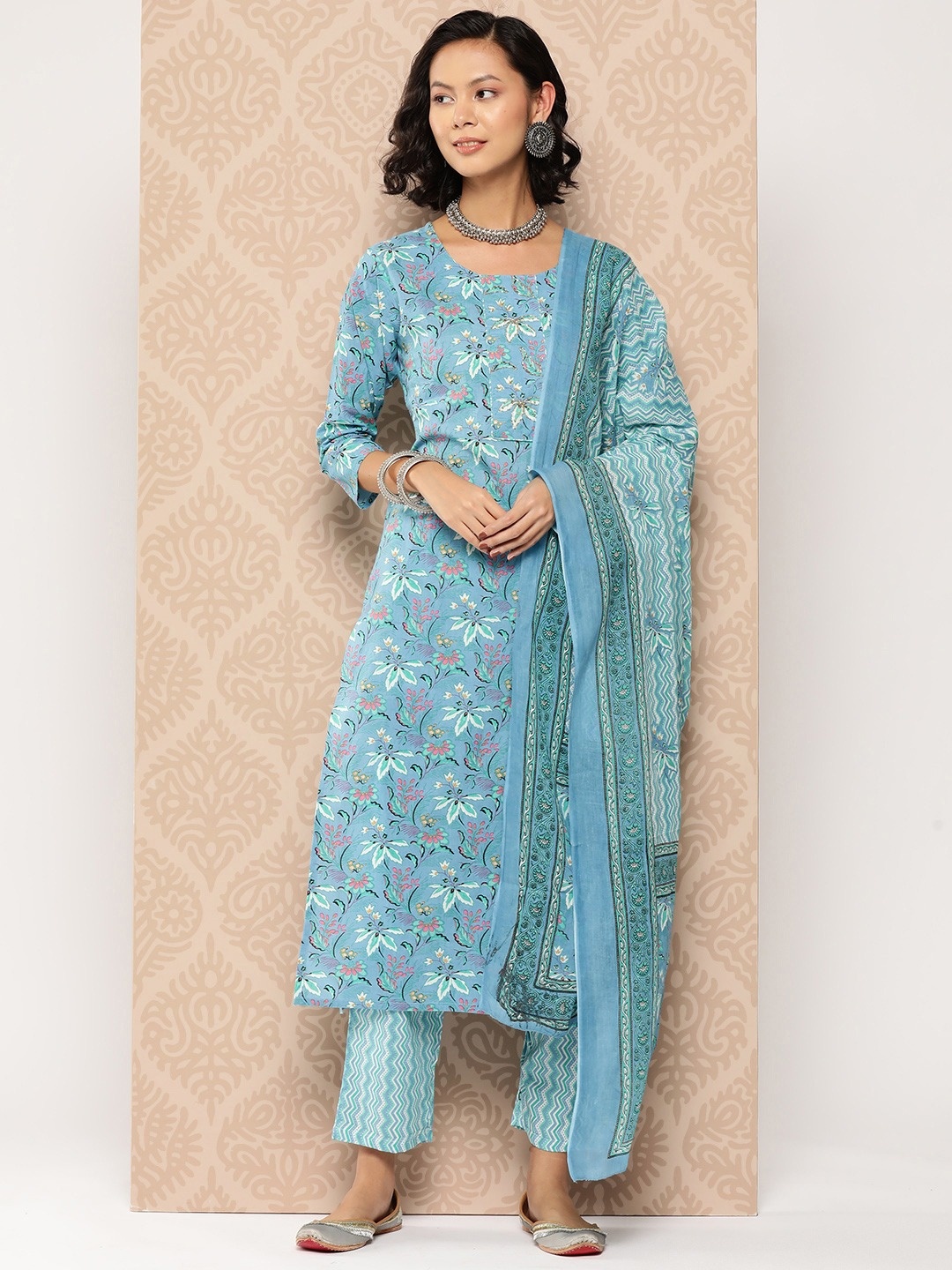 

Yufta Floral Printed Regular Pure Cotton Kurta with Trousers & With Dupatta, Turquoise blue