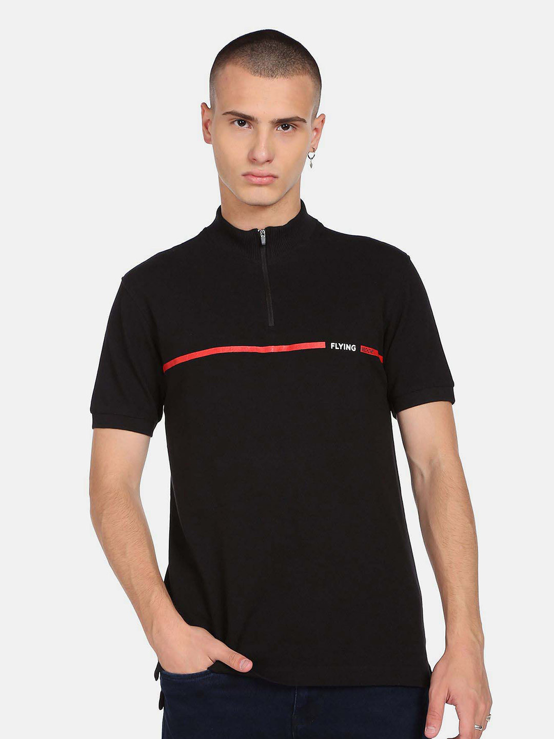 

Flying Machine High Neck Pure Cotton T-Shirt, Black