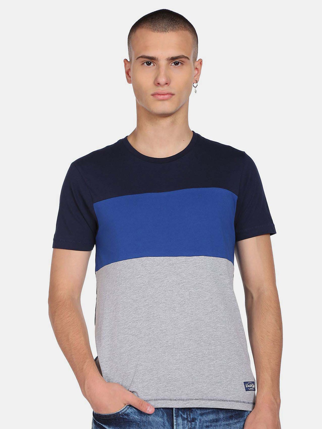 

Flying Machine Colourblocked Pure Cotton Casual T-Shirt, Blue