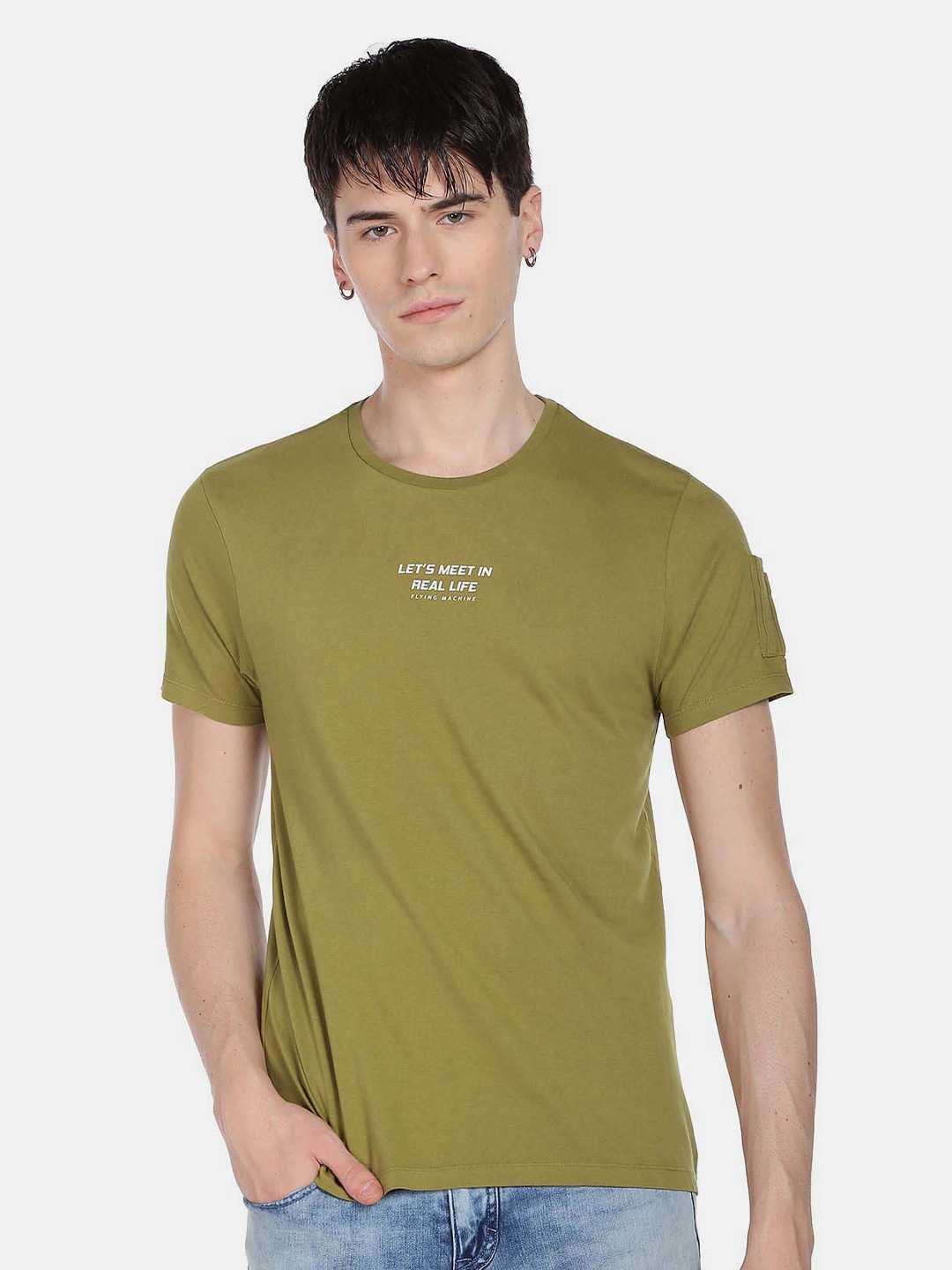 

Flying Machine Typography Printed Pure Cotton T-Shirt, Green