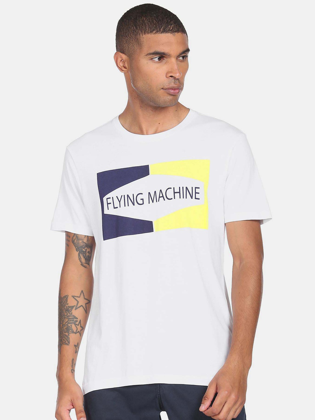 

Flying Machine Typography Printed Short Sleeves Pure Cotton T-shirt, White