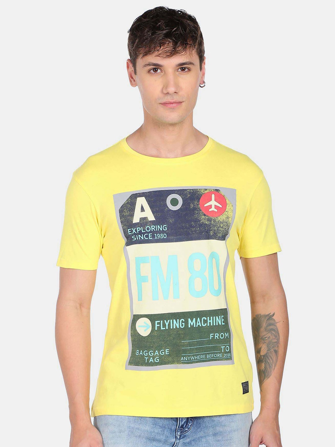 

Flying Machine Typography Printed Short Sleeves Pure Cotton T-shirt, Yellow