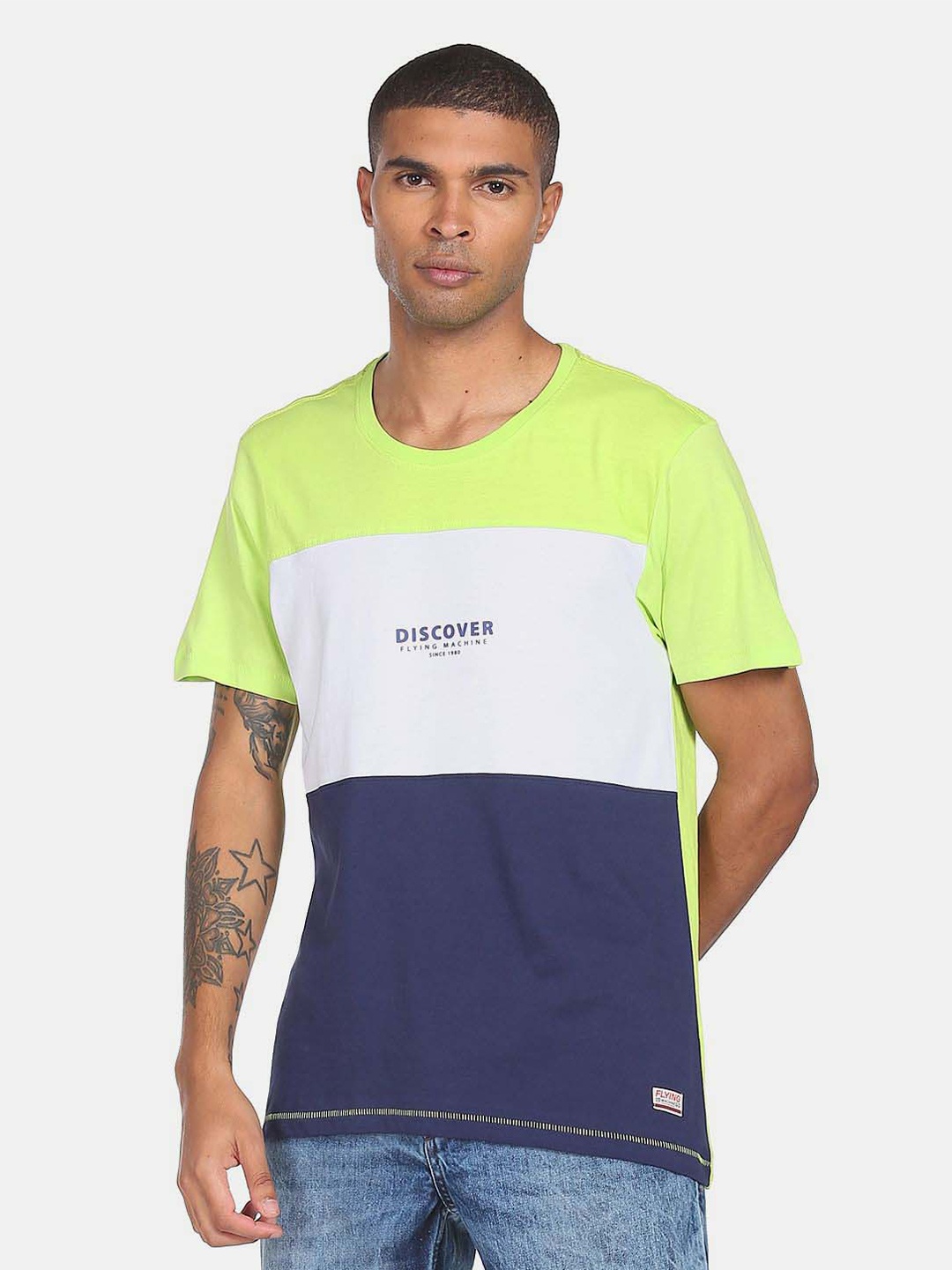 

Flying Machine Colourblocked Round Neck Pure Cotton T-shirt, Green