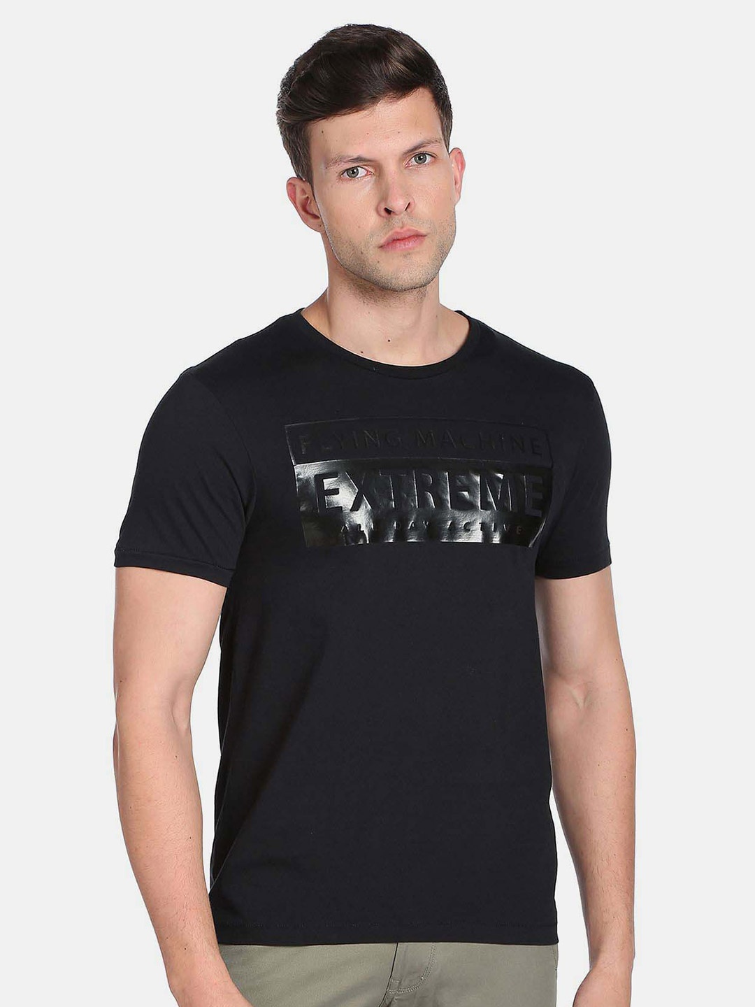 

Flying Machine Typography Printed Short Sleeves Pure Cotton T-shirt, Black