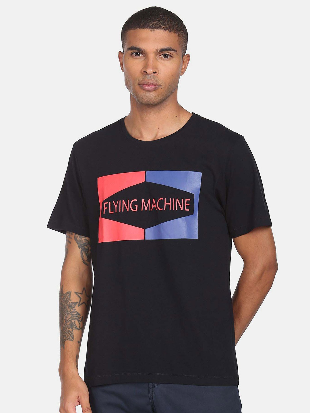 

Flying Machine Typography Printed Pure Cotton T-Shirt, Black