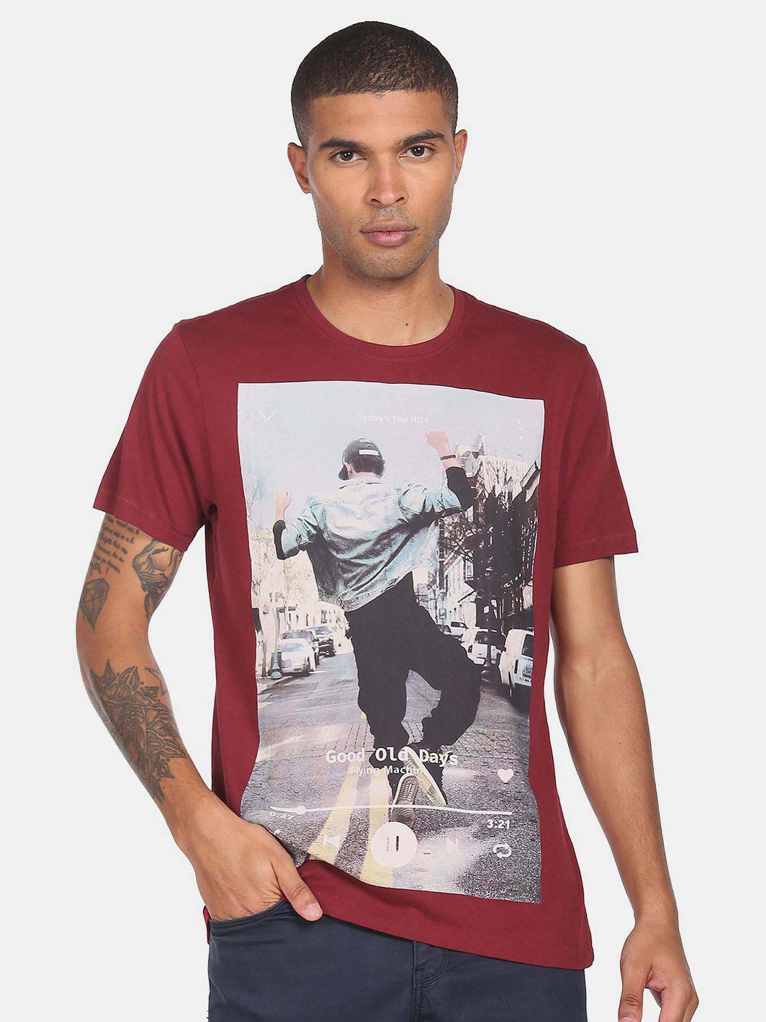 

Flying Machine Graphic Printed Short Sleeves Pure Cotton T-shirt, Maroon