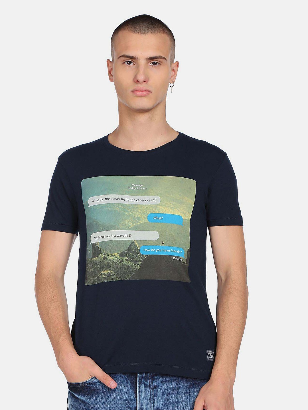 

Flying Machine Graphic Printed Pure Cotton T-Shirt, Navy blue