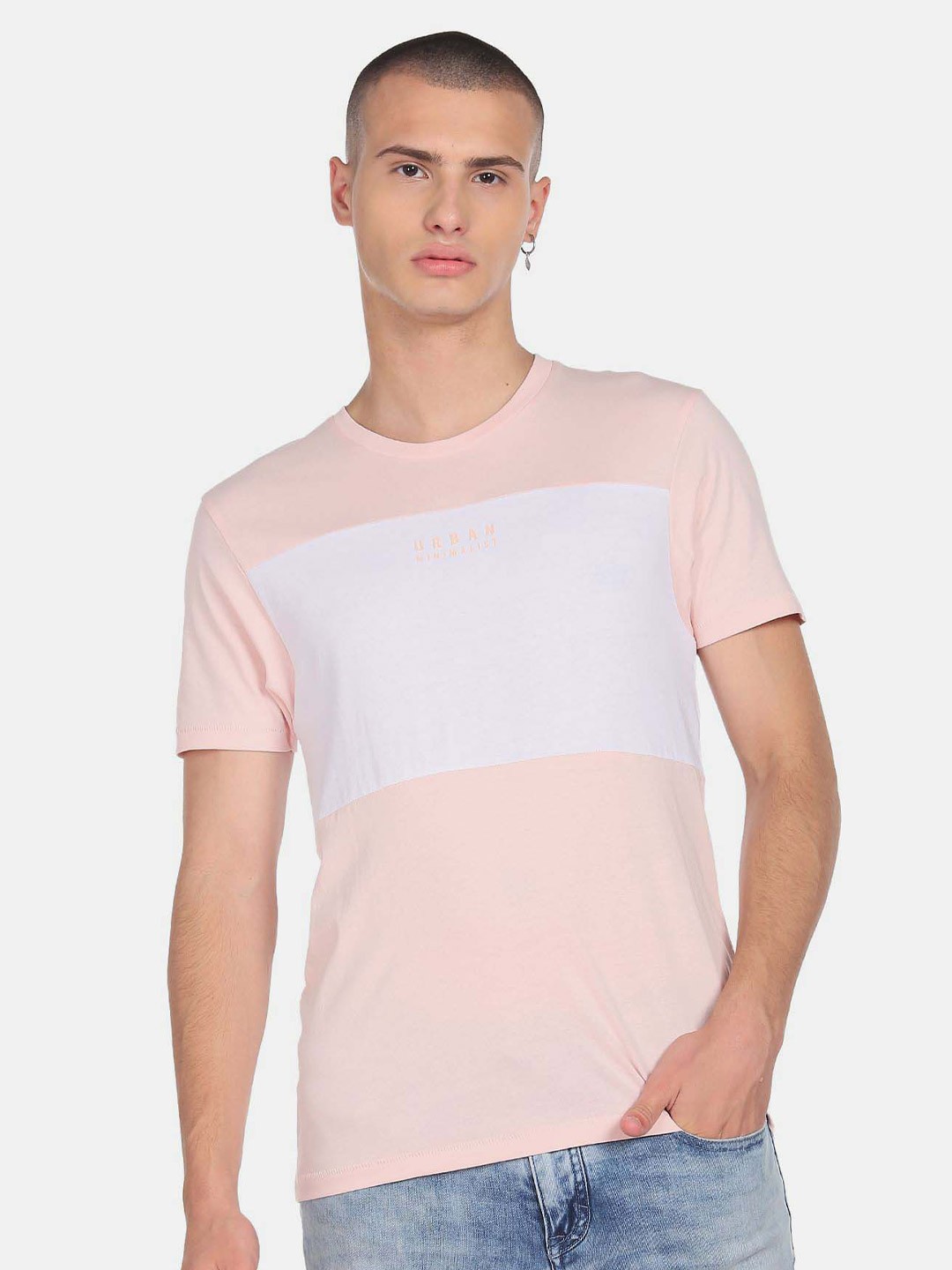

Flying Machine Colourblocked Pure Cotton Casual T-Shirt, Pink