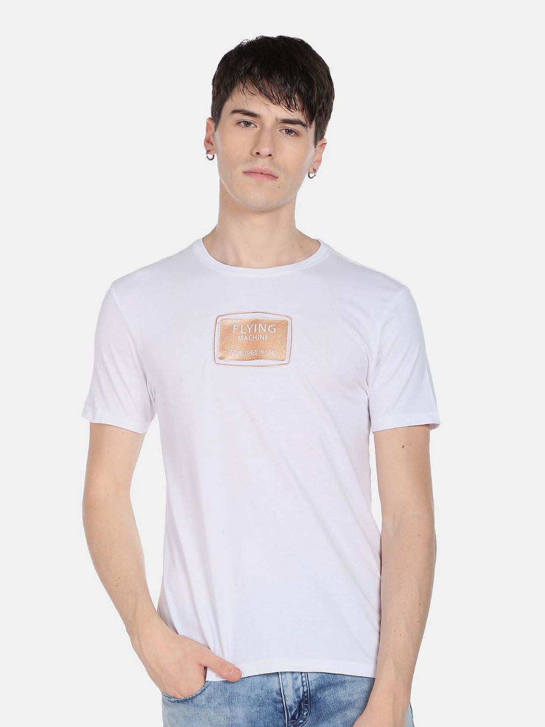 Flying Machine Typography Printed Pure Cotton T-Shirt, White