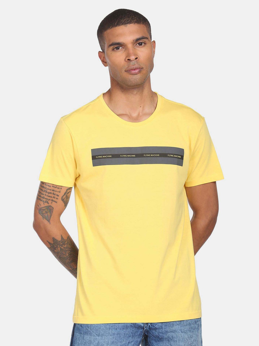 Flying Machine Round Neck Short Sleeves Pure Cotton T-shirt, Yellow