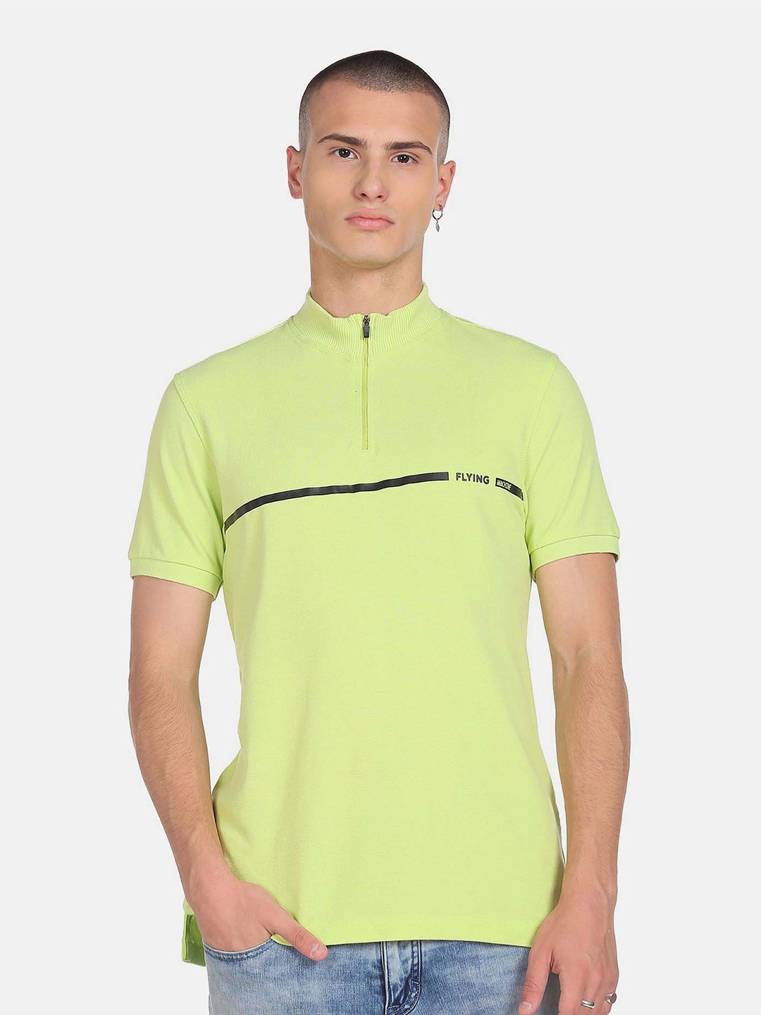 Flying Machine High Neck Pure Cotton T-Shirt, Green