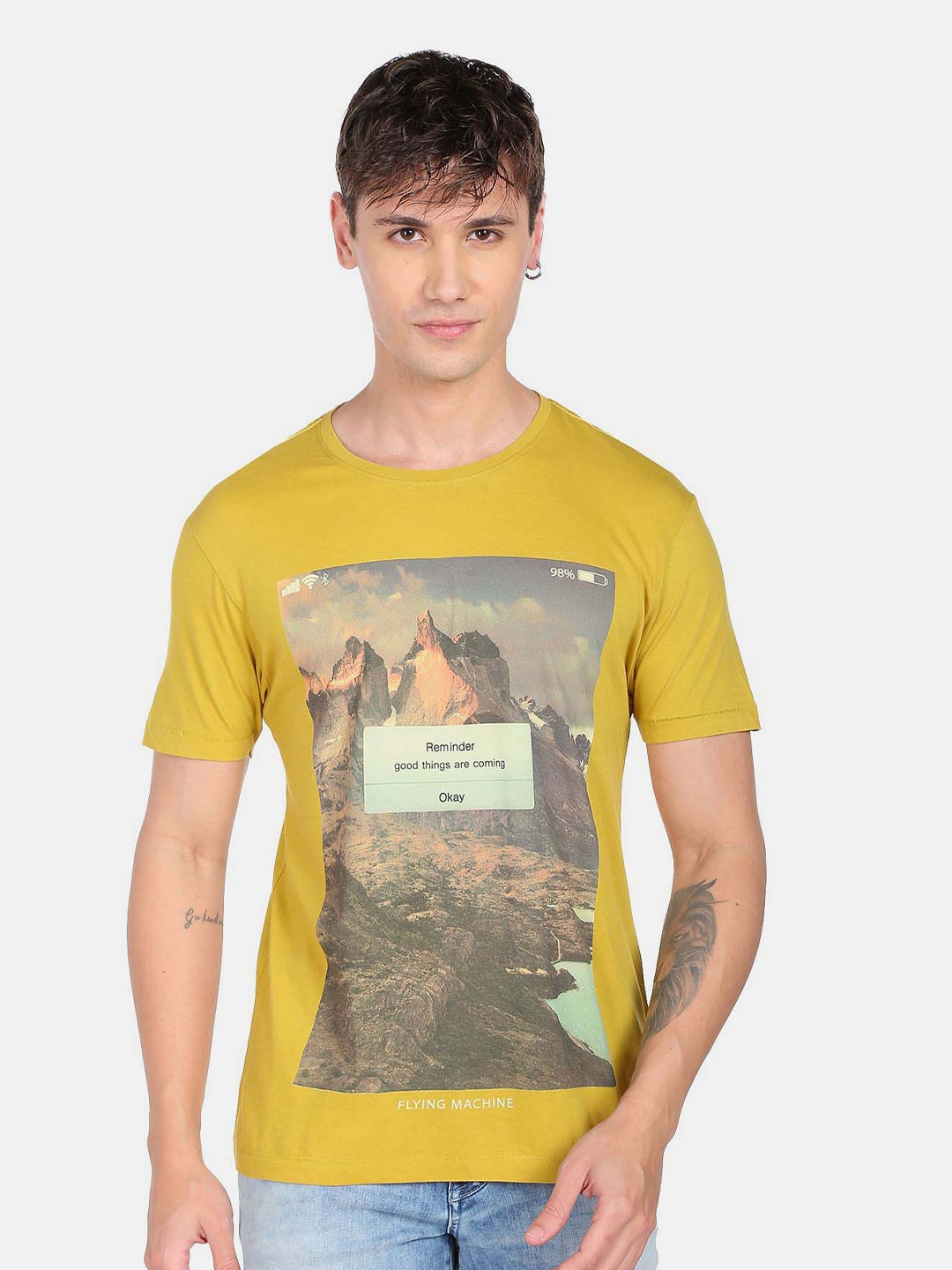 

Flying Machine Graphic Printed Pure Cotton T-Shirt, Yellow