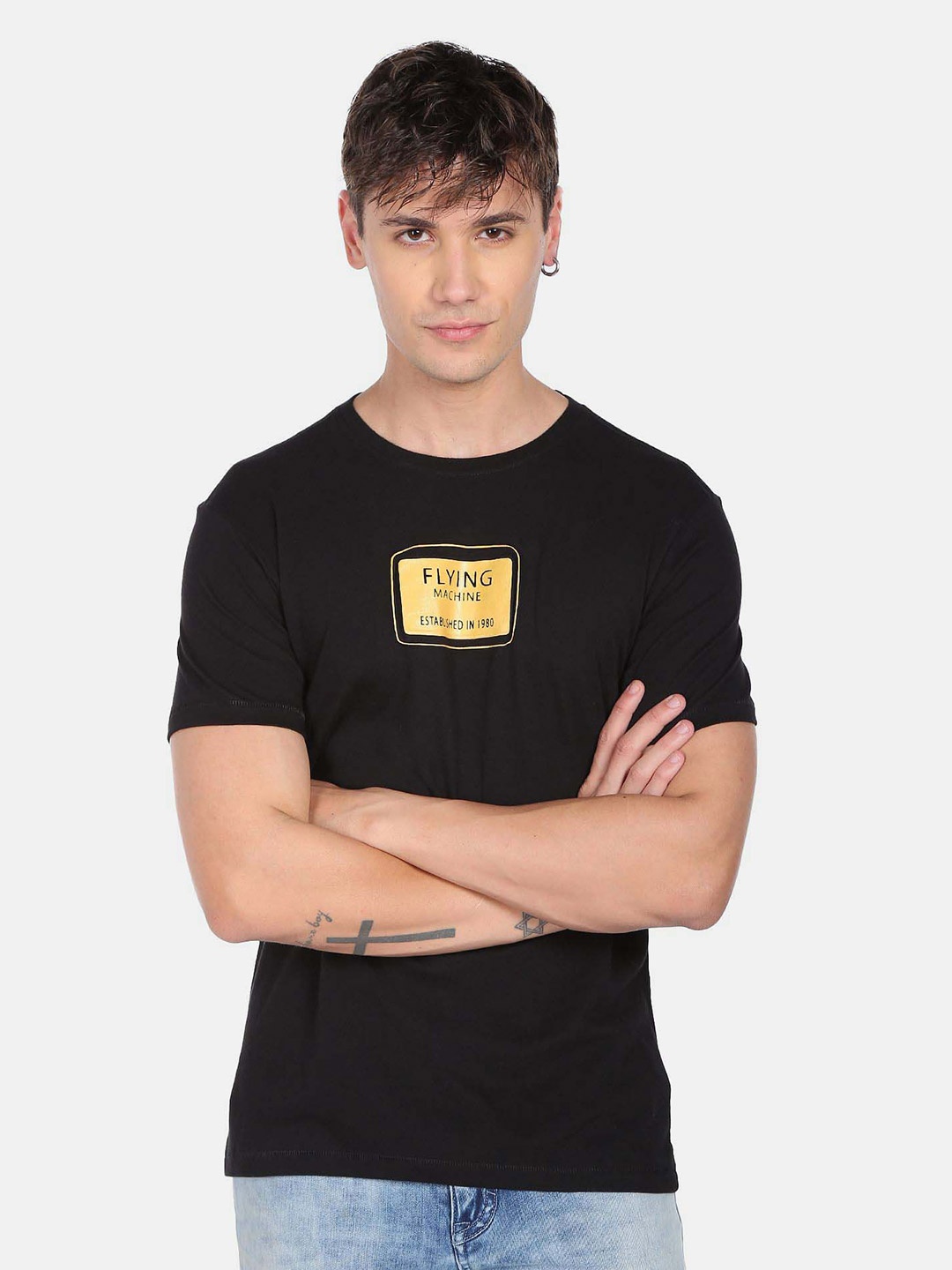 

Flying Machine Round Neck Short Sleeves Pure Cotton T-shirt, Black