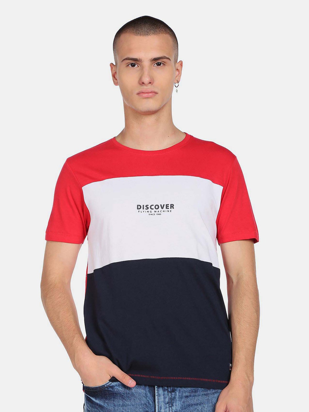 

Flying Machine Colourblocked Pure Cotton Casual T-Shirt, Red