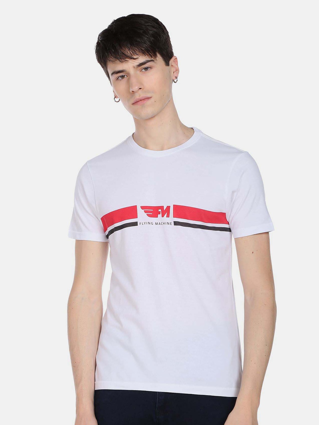 

Flying Machine Horizontal Striped Pure Cotton T-Shirt, White