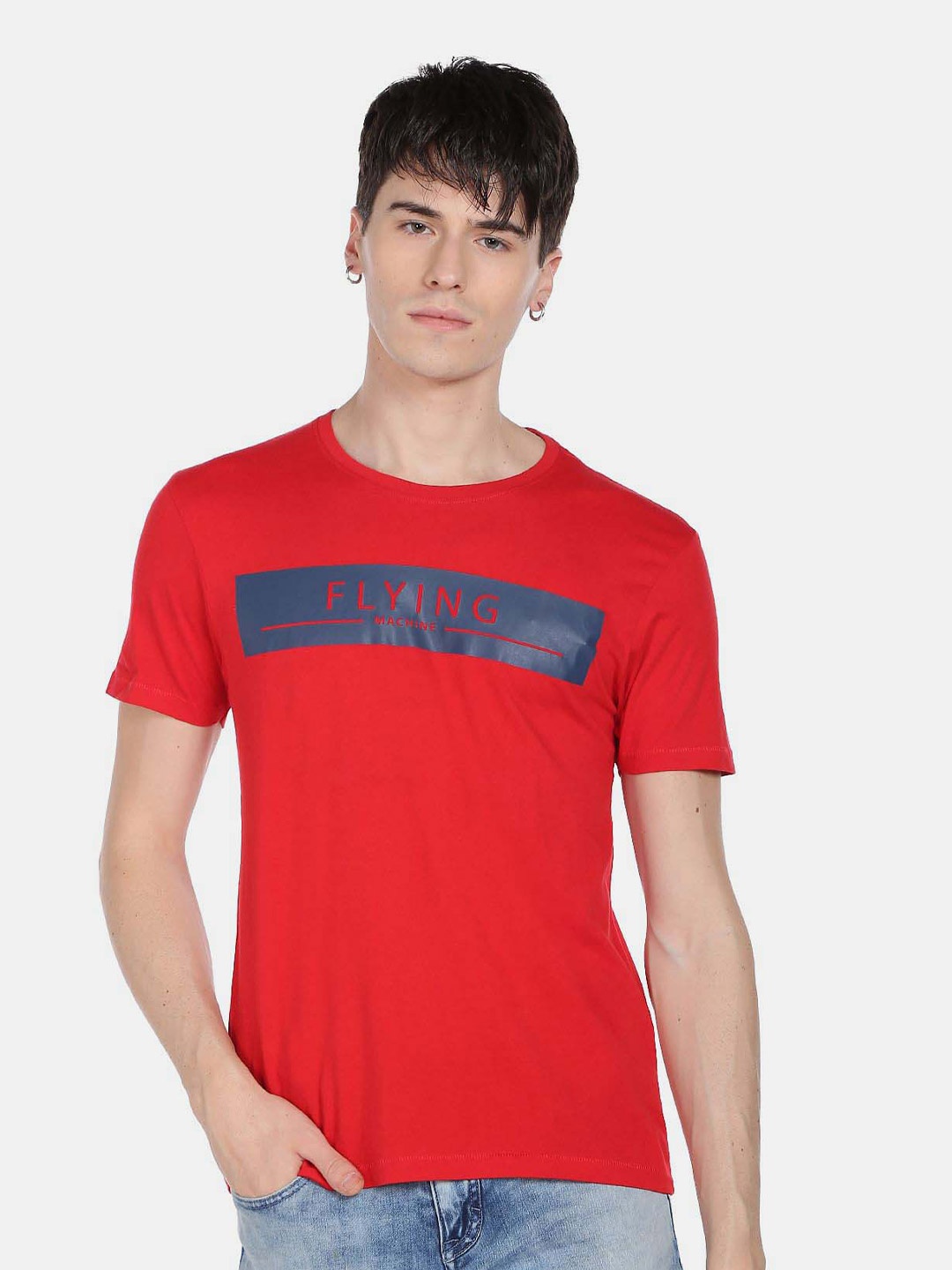 

Flying Machine Typography Printed Short Sleeves Pure Cotton T-shirt, Red