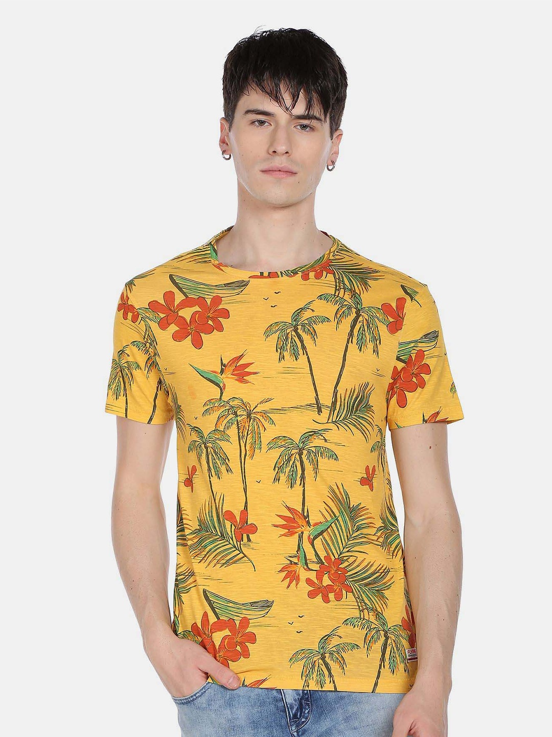 

Flying Machine Tropical Printed Round Neck Short Sleeves Pure Cotton T-shirt, Yellow