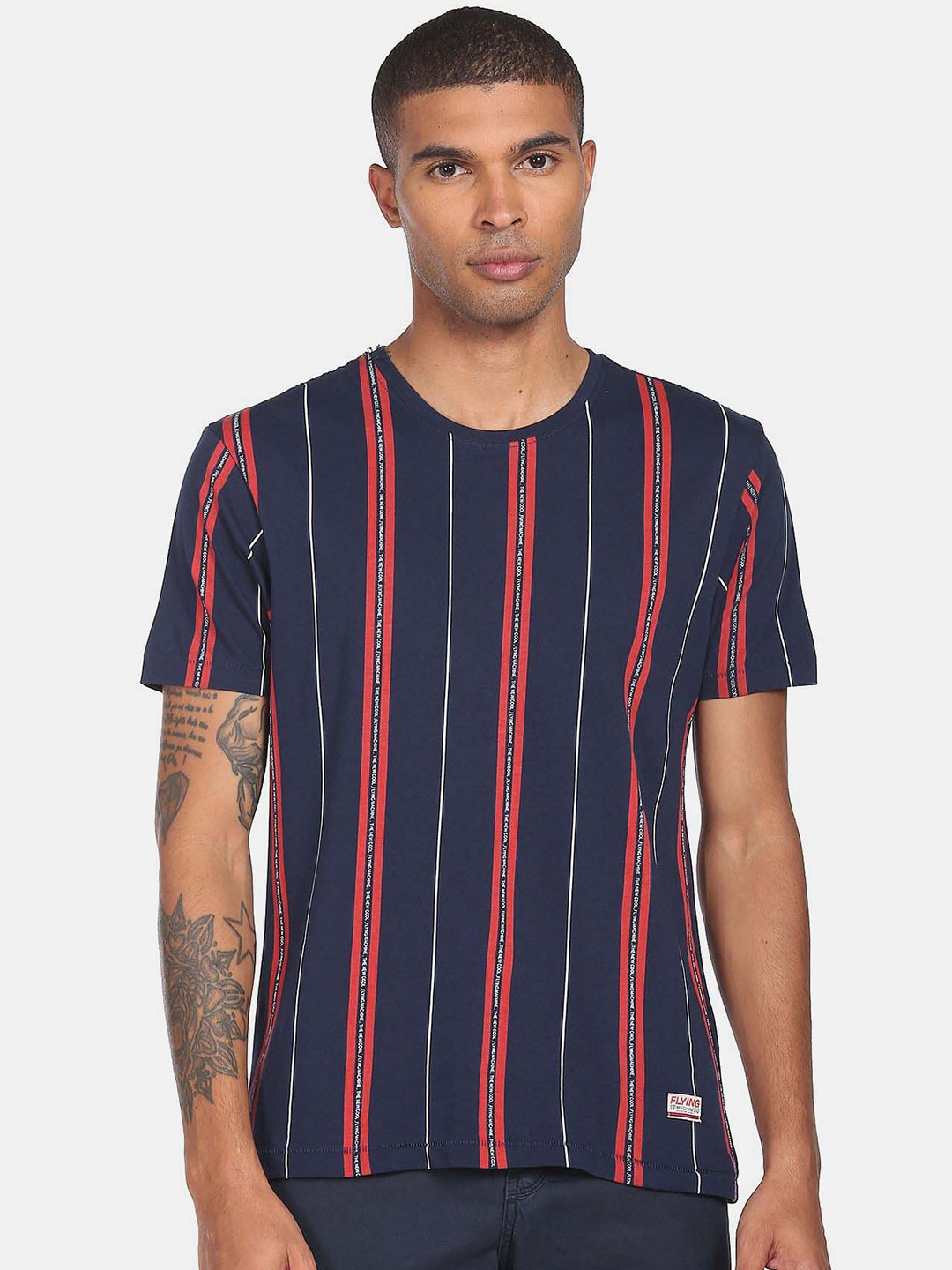 

Flying Machine Vertical Striped Pure Cotton T-Shirt, Navy blue