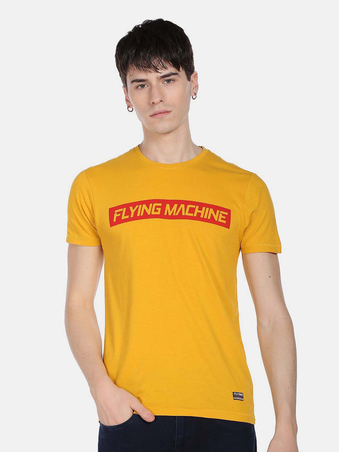 

Flying Machine Typography Printed Pure Cotton T-Shirt, Yellow