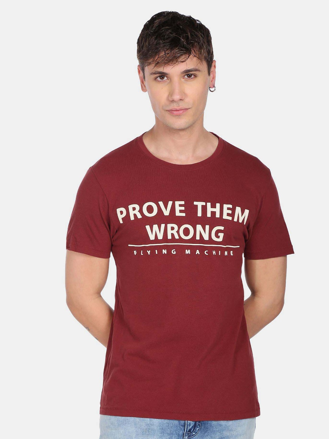 

Flying Machine Typography Printed Pure Cotton T-Shirt, Burgundy