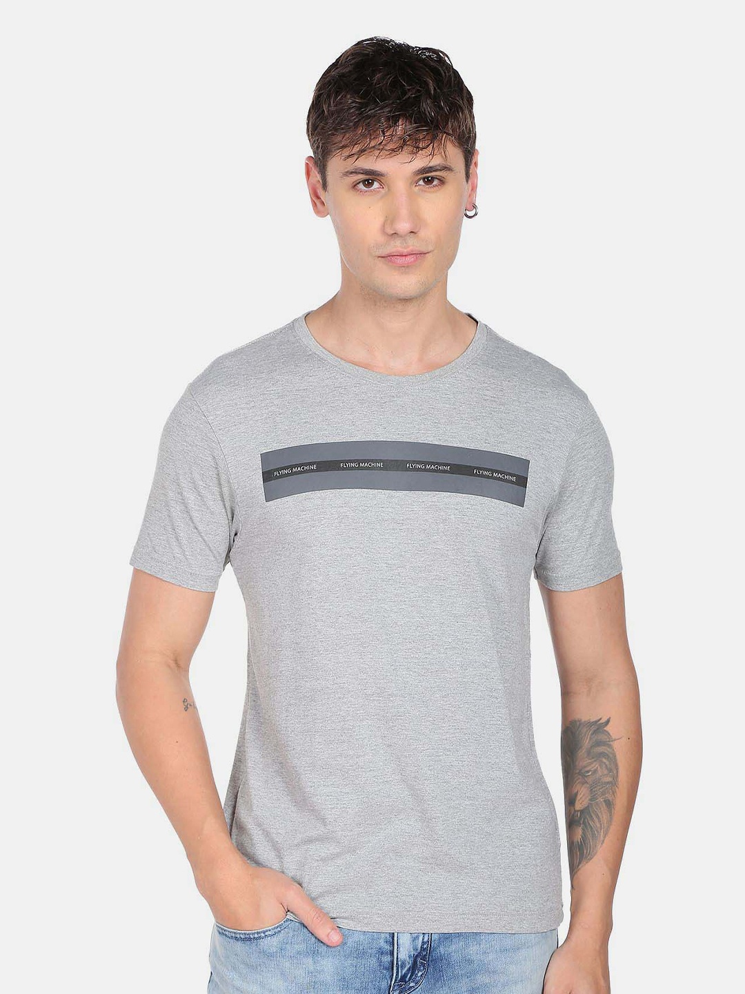 Flying Machine Typography Printed Pure Cotton T-Shirt, Grey