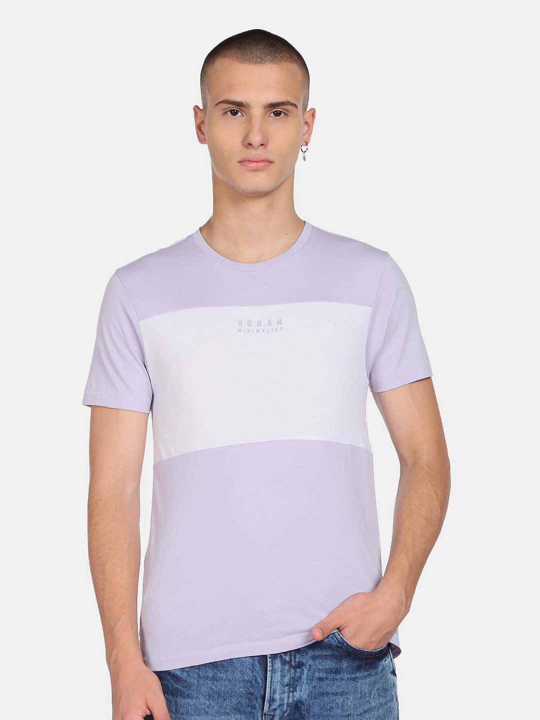 

Flying Machine Colourblocked Round Neck Pure Cotton T-shirt, Lavender
