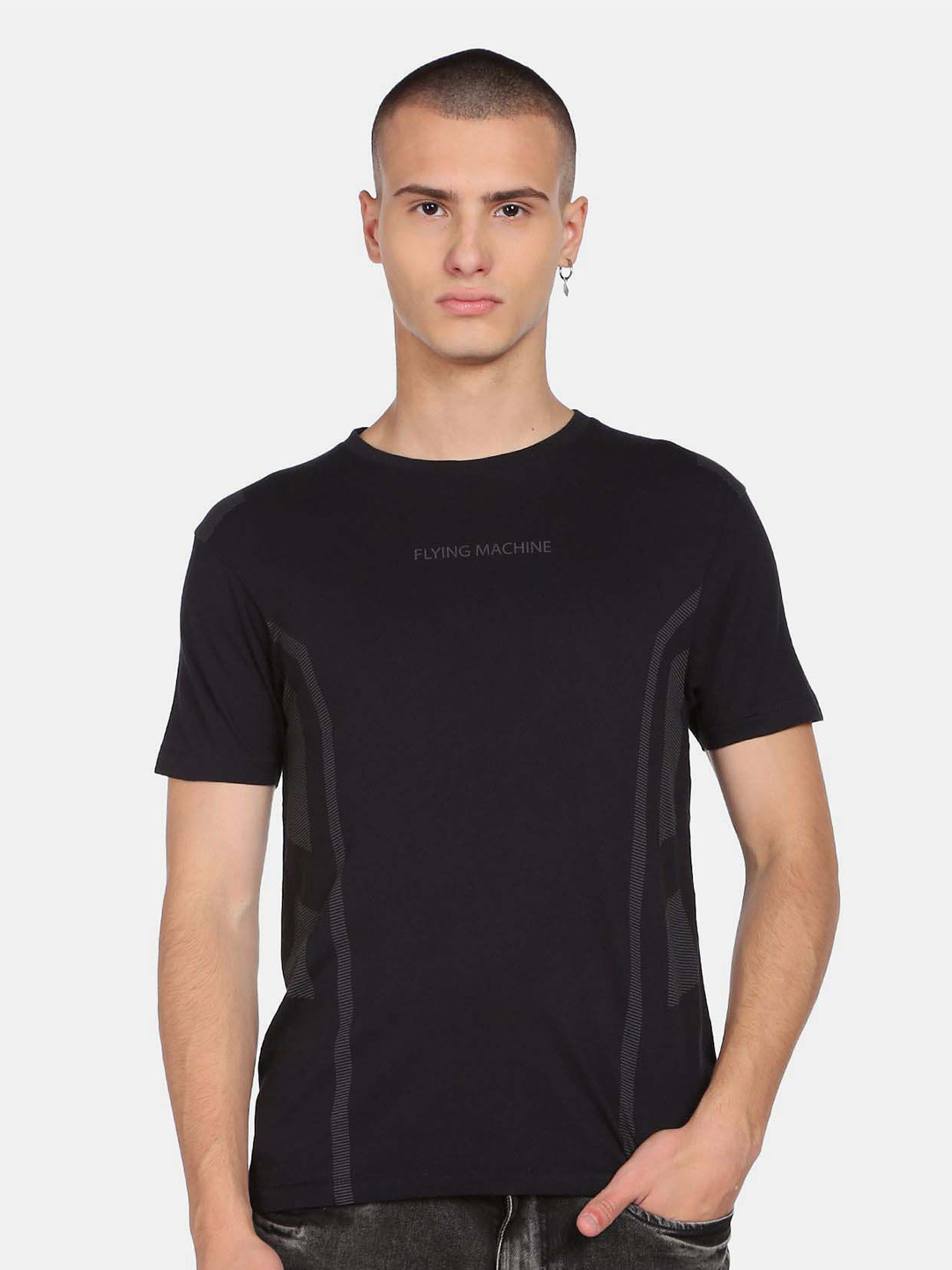 

Flying Machine Striped Round Neck Pure Cotton T-shirt, Black