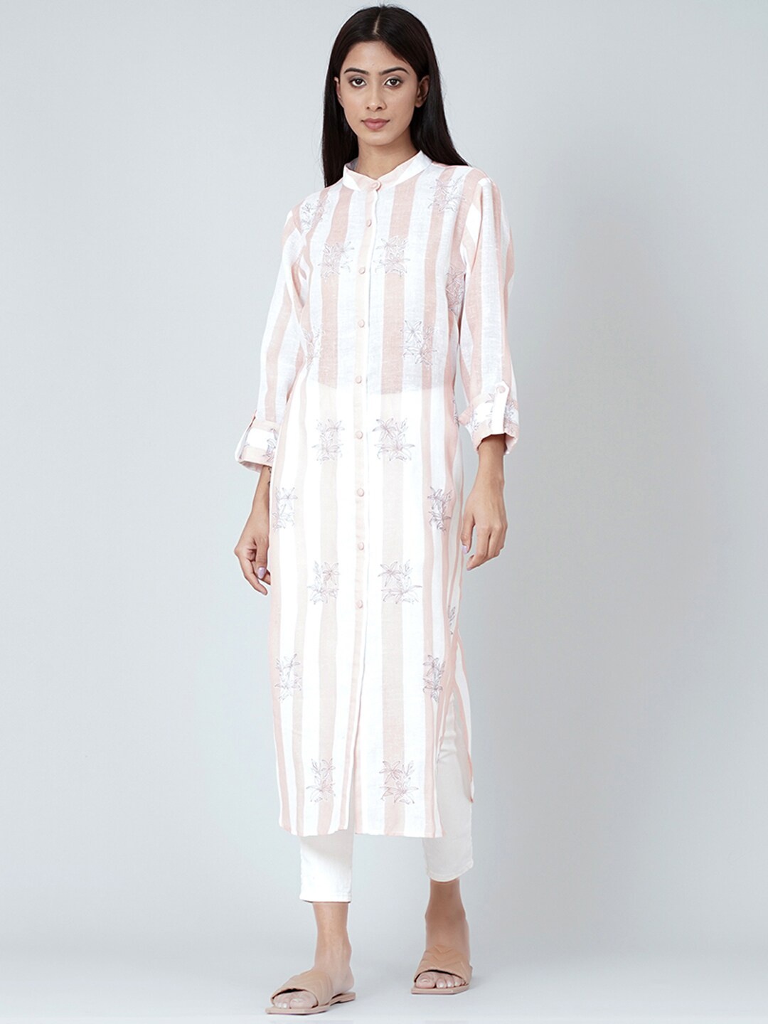 

First Resort by Ramola Bachchan Striped Thread Work Roll-Up Sleeves Linen Kurta, White