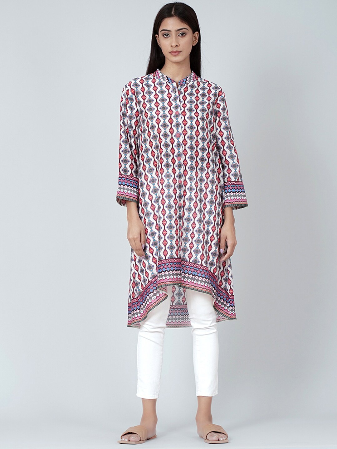 

First Resort by Ramola Bachchan Ethnic Printed Mandarin Collar Chanderi Cotton Kurta, White