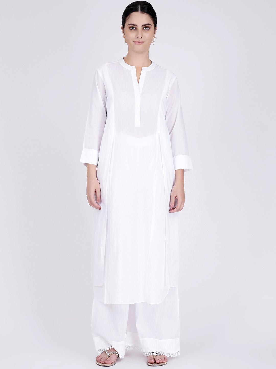 First Resort by Ramola Bachchan Panelled Mandarin Collar Cotton Kurta, White