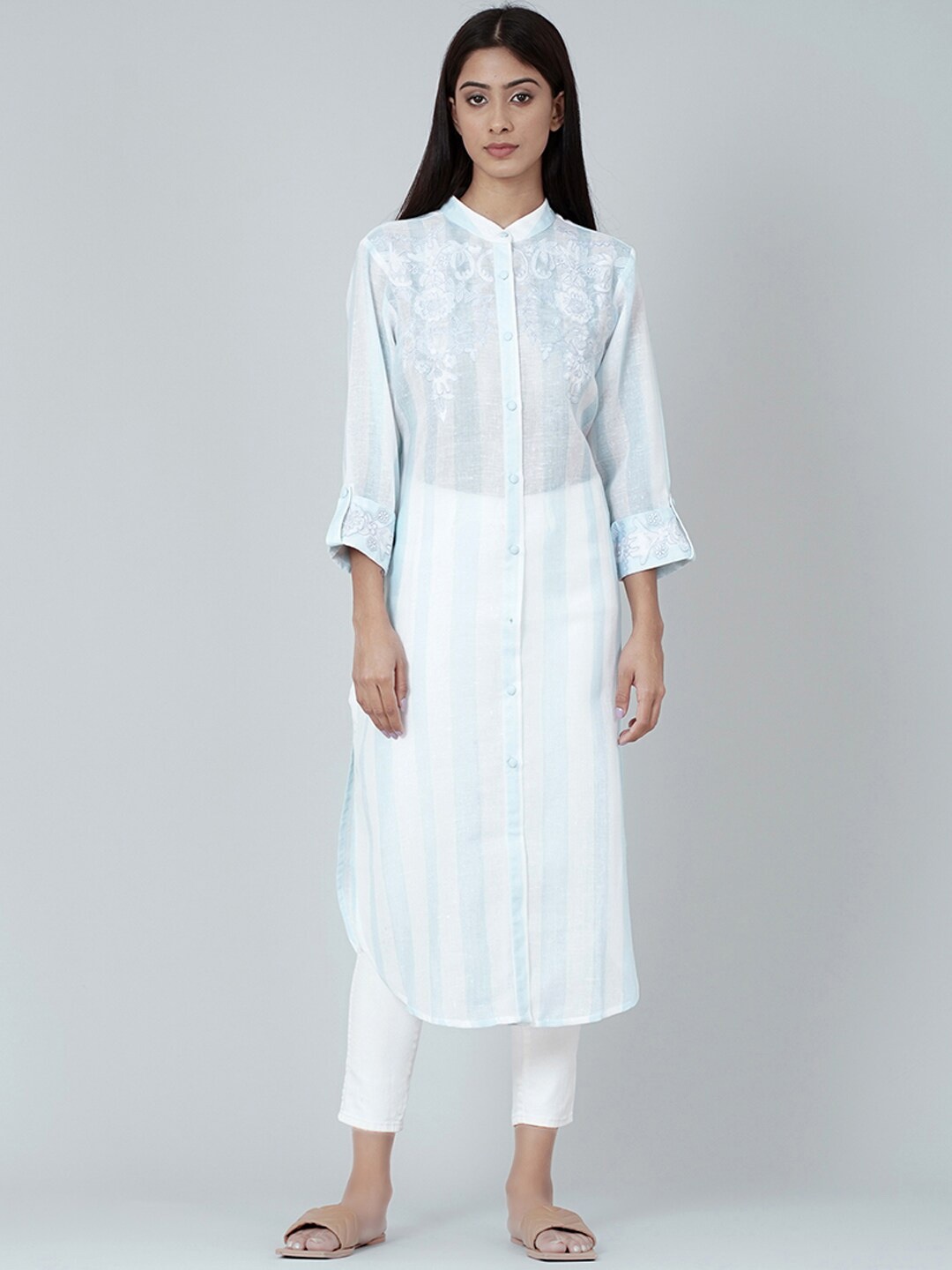 First Resort by Ramola Bachchan Floral Embroidered Roll-Up Sleeves Linen Kurta, Blue