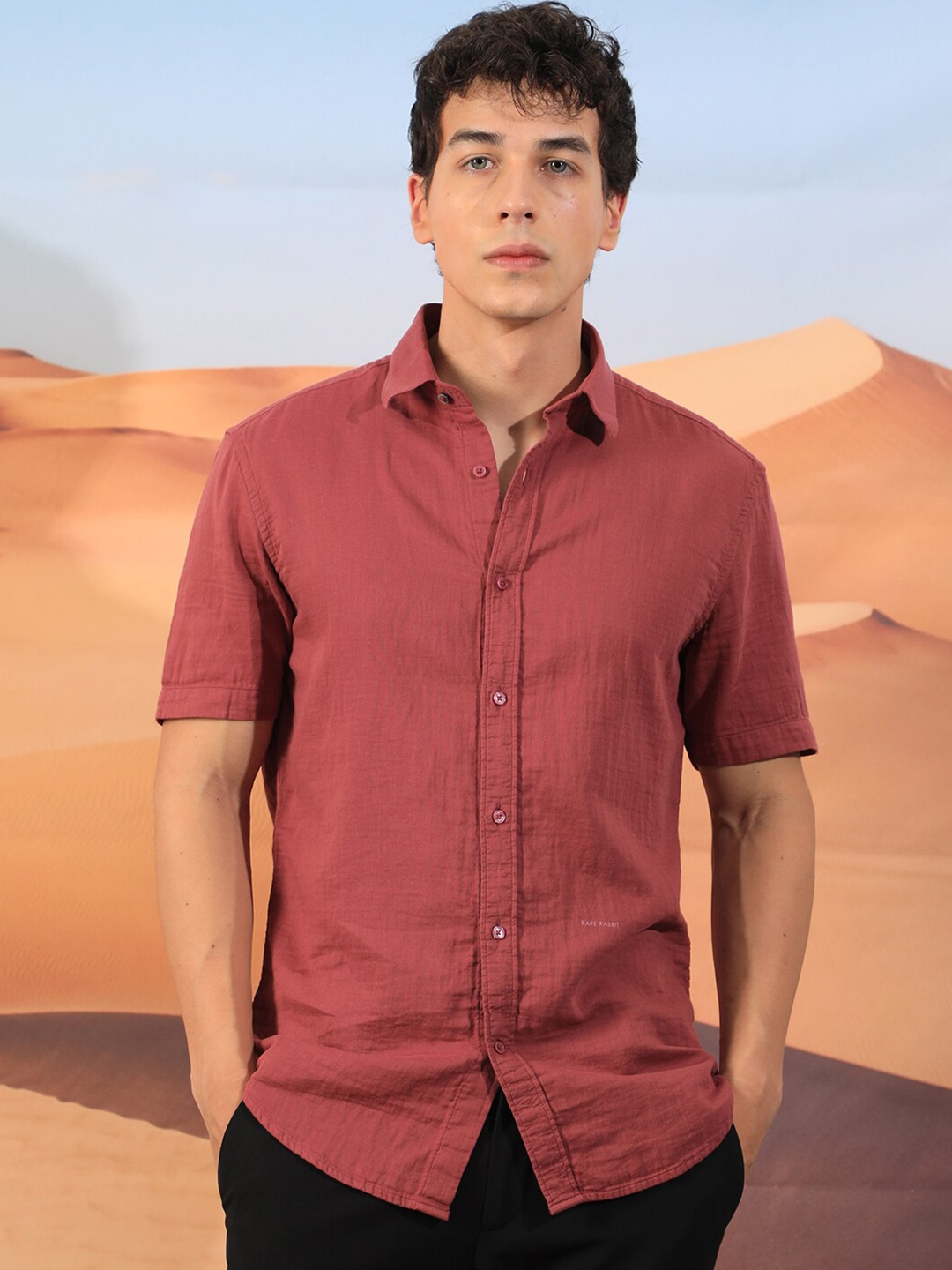 RARE RABBIT Men Lay Slim Fit Cotton Shirt, Red