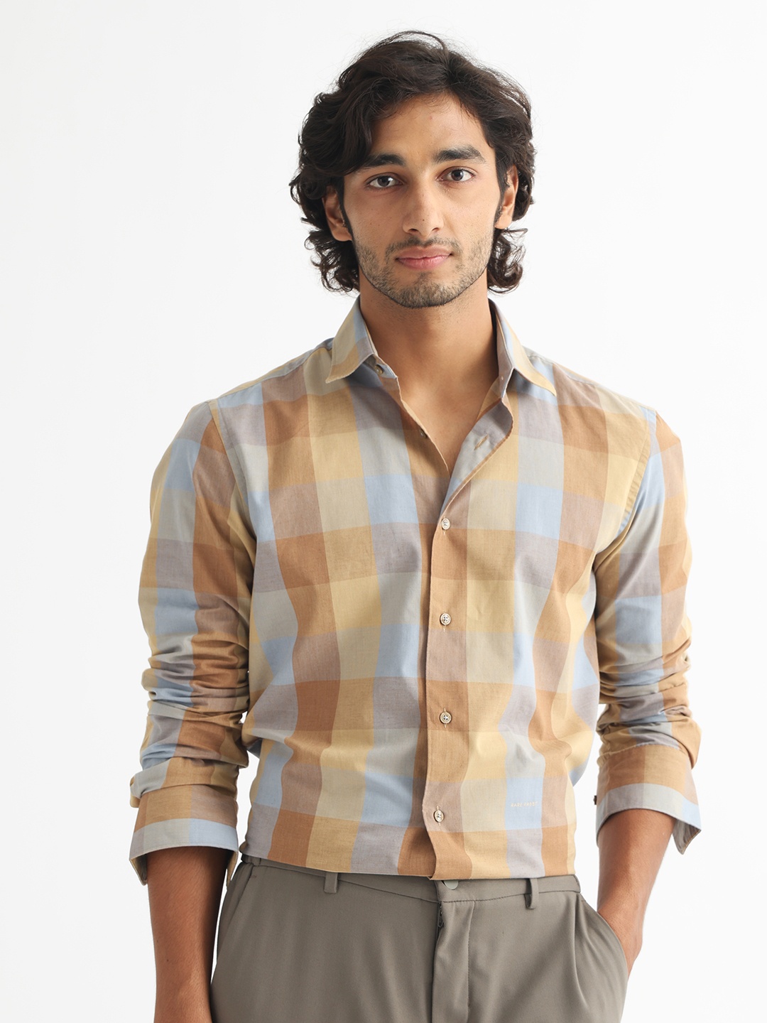 

RARE RABBIT Men Vasco Slim Fit Opaque Checked Shirt, Beige