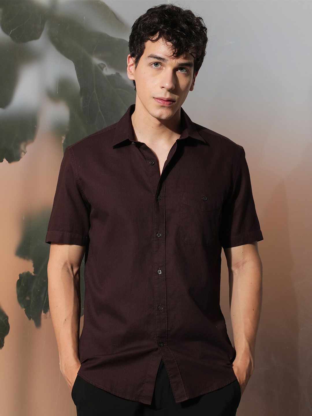

RARE RABBIT Men Affle Spread Collar Slim Fit Cotton Shirt, Maroon